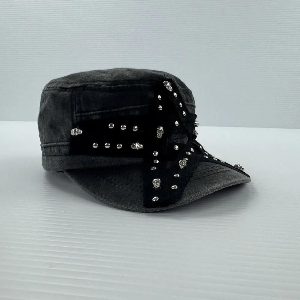 Hot Topic Star Skull Stud Cadet Hat Gray Black Studded Military Cap Adjustable